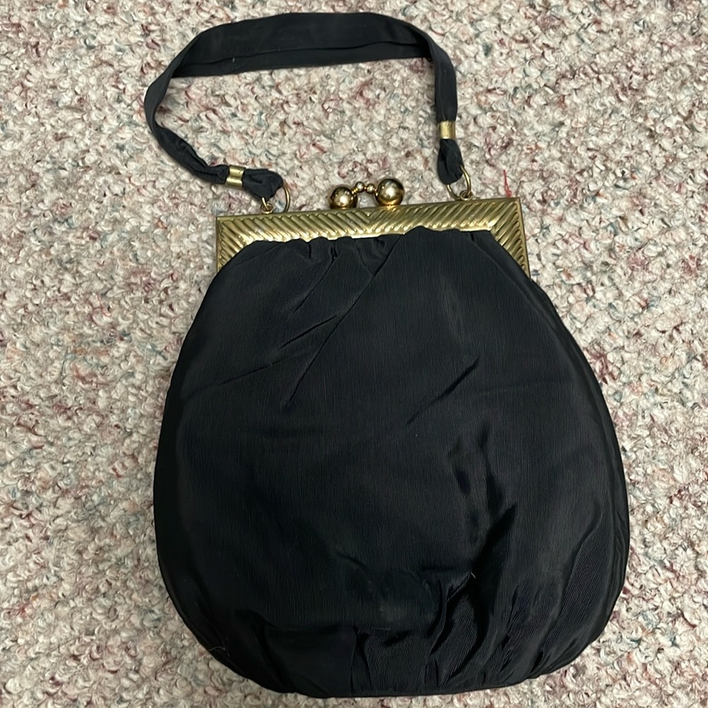 Vintage 30s/40s kiss top close fabric purse with attached mini coin purse